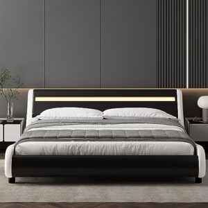 TTVIEW Low Profile Full Size LED Bed Frame with Adjustable Headboard, Modern Upholstered Platform Bed with Wood Slats Support, No Box Spring Needed, Black+White