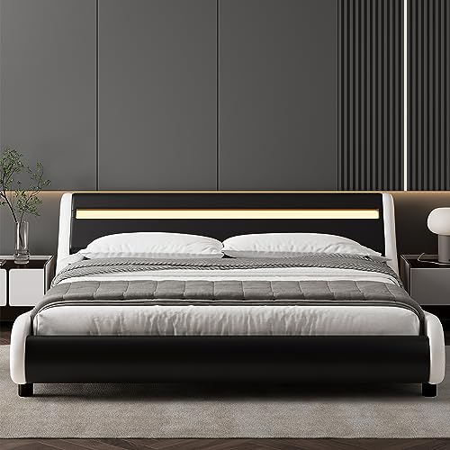 TTVIEW Low Profile Full Size LED Bed Frame with Adjustable Headboard, Modern Upholstered Platform Bed with Wood Slats Support, No Box Spring Needed, Black+White