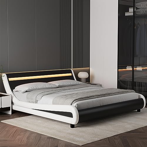 TTVIEW Low Profile Full Size LED Bed Frame with Adjustable Headboard, Modern Upholstered Platform Bed with Wood Slats Support, No Box Spring Needed, Black+White