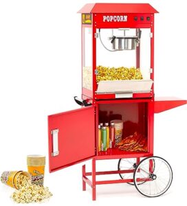 garvee commercial popcorn machine with stand - professional cart popcorn maker machine with 8 oz kettle makes up to 60 cups, with lockers for home movie theater style 34.3 * 19.3 * 31 inches