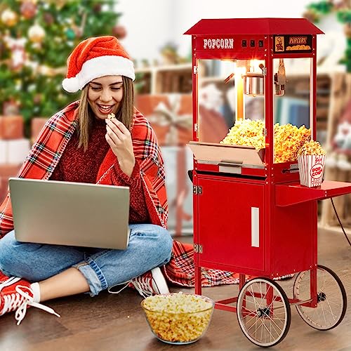 Garvee Commercial Popcorn Machine with Stand - Professional Cart Popcorn Maker Machine With 8 Oz Kettle Makes Up to 60 Cups, With Lockers for Home Movie Theater Style 34.3 * 19.3 * 31 inches