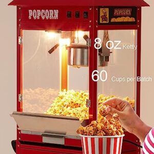 Garvee Commercial Popcorn Machine with Stand - Professional Cart Popcorn Maker Machine With 8 Oz Kettle Makes Up to 60 Cups, With Lockers for Home Movie Theater Style 34.3 * 19.3 * 31 inches