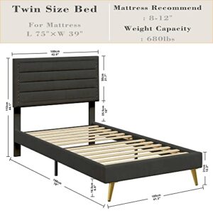 LIKIMIO Twin Bed Frame for Kids, Platform Bed with Upholstered Headboard and Wooden Slats Support, No Box Spring Needed, Easy Assembly, Black