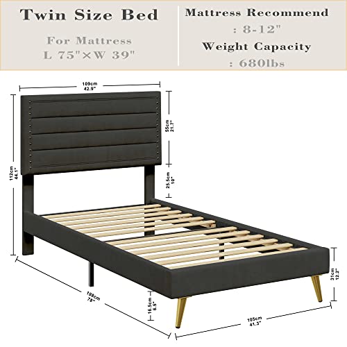 LIKIMIO Twin Bed Frame for Kids, Platform Bed with Upholstered Headboard and Wooden Slats Support, No Box Spring Needed, Easy Assembly, Black