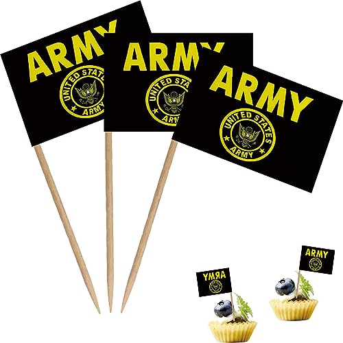 US Army Gold Crest Toothpick Flag Small Mini United States Military Cocktail Fruit Cupcakes Toppers Food Stick Flags Decorations,100 Pack