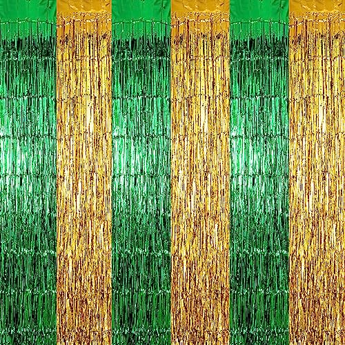 Peryiter 6 Pcs Backdrop Curtain 3.3 x 6.6 ft Glitter Tinsel Foil Fringe Curtains PET Fringe Curtain Backdrop Party Photo Backdrop Streamer Backdrop for Home Outdoor Party (Green, Gold)