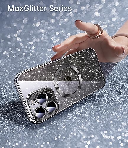 JUESHITUO Magnetic Glitter Case Designed for iPhone 14 Pro Max Case with Full Camera Protection and Strongest Magnetism, Soft TPU Plating Luxury Sparkly Shockproof Slim Case for Women Girls - Black