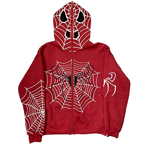 Yuemengxuan Women Y2k Goth Hoodie Zip up Casual Sweatshirt Spider Skeleton Aesthetic Graphic Top Gothic Jacket Streetwear (Red-P, L)