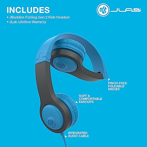 JLab JBuddies Folding Kids Wired Headphones Gen 2, Blue/Grey, Toddler Headphones, Noise Isolation, Kids Safe, Volume Limiting Headphones, Headphones for Children Ages 2+