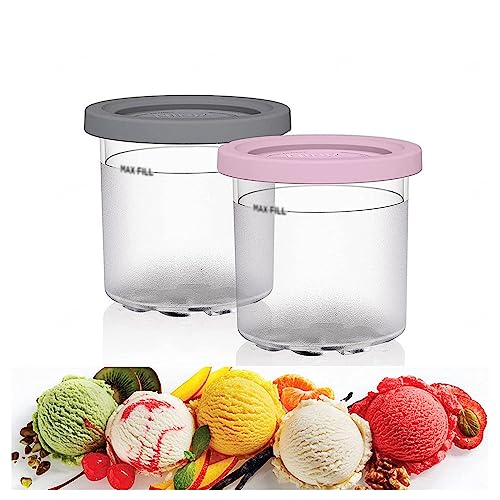 VRINO 2/4/6PCS Creami Deluxe Pints, for Ninja Creami Pints and Lids,16 OZ Creami Deluxe Pints Dishwasher Safe,Leak Proof for NC301 NC300 NC299AM Series Ice Cream Maker,Pink+Gray-2PCS