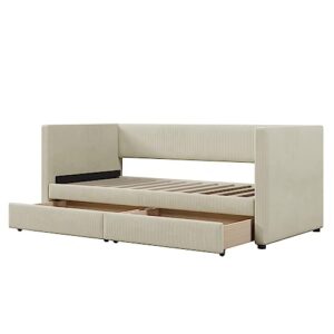 JIVOIT Elegant Upholstered Daybed with Two Storage Drawers, Twin Size Corduroy Daybed with Wood Slat Support and Backrest, Wood Storage Sofa Bed Frame, No Box Spring Needed (Beige 062)