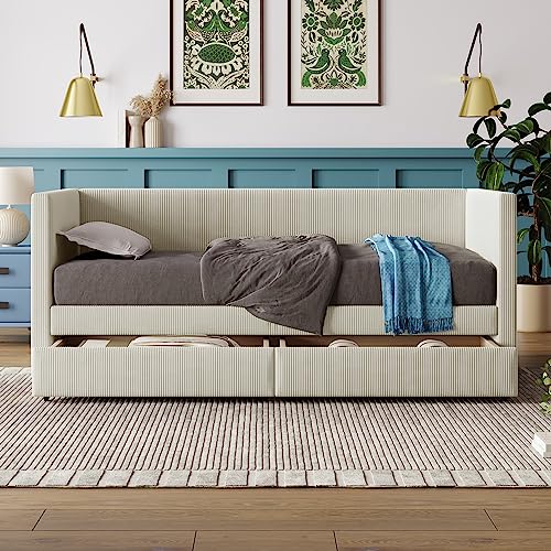 JIVOIT Elegant Upholstered Daybed with Two Storage Drawers, Twin Size Corduroy Daybed with Wood Slat Support and Backrest, Wood Storage Sofa Bed Frame, No Box Spring Needed (Beige 062)