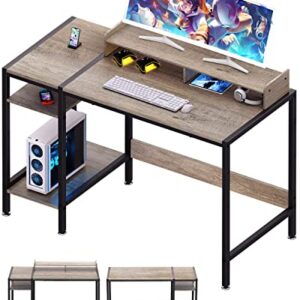 MINOSYS Computer Gaming Desk - 47" Home Office Desk with Storage, Writing Desk with Monitor Stand, Modern Simple Study Corner Table, Adjustable Storage Space, Gray