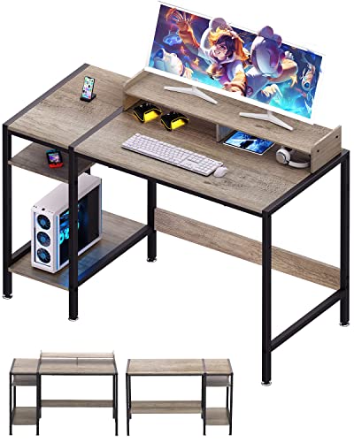 MINOSYS Computer Gaming Desk - 47" Home Office Desk with Storage, Writing Desk with Monitor Stand, Modern Simple Study Corner Table, Adjustable Storage Space, Gray