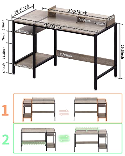 MINOSYS Computer Gaming Desk - 47" Home Office Desk with Storage, Writing Desk with Monitor Stand, Modern Simple Study Corner Table, Adjustable Storage Space, Gray