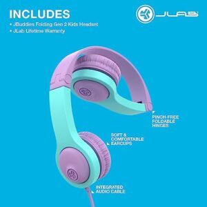 JLab JBuddies Folding Kids Wired Headphones Gen 2, Pink/Teal, Toddler Headphones, Noise Isolation, Kids Safe, Volume Limiting Headphones, Headphones for Children Ages 2+