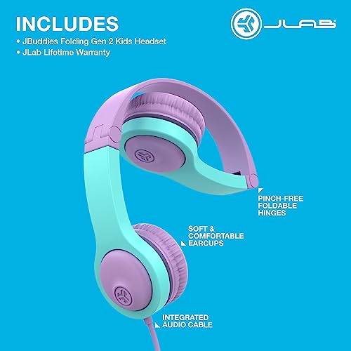 JLab JBuddies Folding Kids Wired Headphones Gen 2, Pink/Teal, Toddler Headphones, Noise Isolation, Kids Safe, Volume Limiting Headphones, Headphones for Children Ages 2+