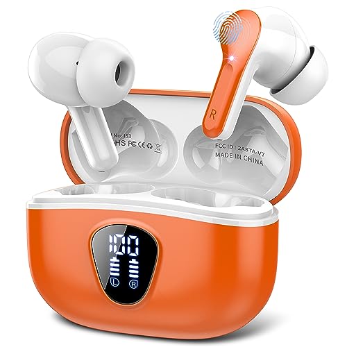 Wireless Earbuds, Bluetooth 5.3 Headphones with 4 ENC Noise Cancelling Mic, Bluetooth Earbuds 40H Playtime , Wireless Headphones in ear Earphones Deep Bass Stereo, LED Display, IP7 Waterproof, Orange