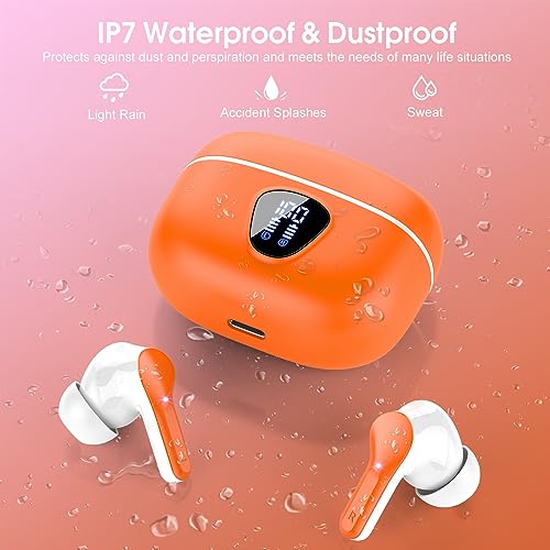 Wireless Earbuds, Bluetooth 5.3 Headphones with 4 ENC Noise Cancelling Mic, Bluetooth Earbuds 40H Playtime , Wireless Headphones in ear Earphones Deep Bass Stereo, LED Display, IP7 Waterproof, Orange