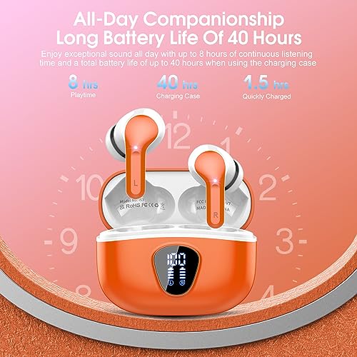 Wireless Earbuds, Bluetooth 5.3 Headphones with 4 ENC Noise Cancelling Mic, Bluetooth Earbuds 40H Playtime , Wireless Headphones in ear Earphones Deep Bass Stereo, LED Display, IP7 Waterproof, Orange