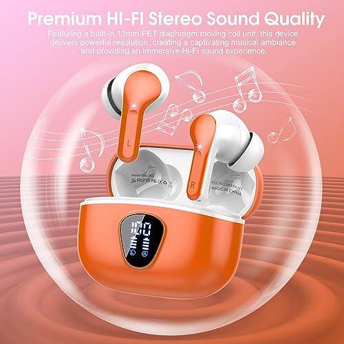 Wireless Earbuds, Bluetooth 5.3 Headphones with 4 ENC Noise Cancelling Mic, Bluetooth Earbuds 40H Playtime , Wireless Headphones in ear Earphones Deep Bass Stereo, LED Display, IP7 Waterproof, Orange