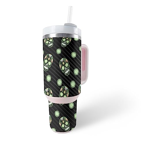 MightySkins Carbon Fiber Skin Compatible with Stanley The Quencher H2.0 FlowState 40 Oz Tumbler - Nighttime Skulls | Protective, Durable Textured Carbon Fiber Finish | Easy to Apply