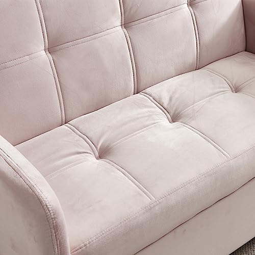 Sofa Couch w/Pull Out Sleeper Bed, 55.5” Pink Velvet Upholstery Convertible Loveseat Twin Sofabed with Two Arm Pockets, 3-angle Adjustable Backrest Sofa, Build-in 2 USB Charger Ports for Living Room