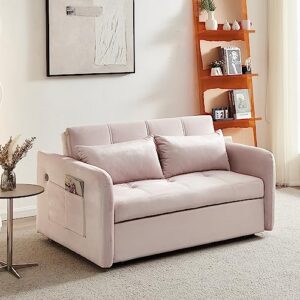 Sofa Couch w/Pull Out Sleeper Bed, 55.5” Pink Velvet Upholstery Convertible Loveseat Twin Sofabed with Two Arm Pockets, 3-angle Adjustable Backrest Sofa, Build-in 2 USB Charger Ports for Living Room