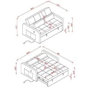 Sofa Couch w/Pull Out Sleeper Bed, 55.5” Pink Velvet Upholstery Convertible Loveseat Twin Sofabed with Two Arm Pockets, 3-angle Adjustable Backrest Sofa, Build-in 2 USB Charger Ports for Living Room