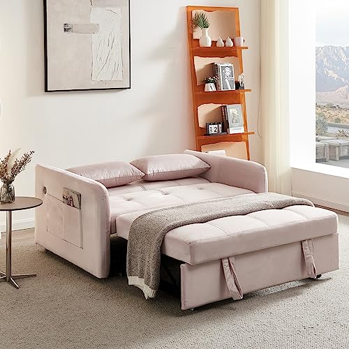 Sofa Couch w/Pull Out Sleeper Bed, 55.5” Pink Velvet Upholstery Convertible Loveseat Twin Sofabed with Two Arm Pockets, 3-angle Adjustable Backrest Sofa, Build-in 2 USB Charger Ports for Living Room