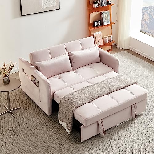 Sofa Couch w/Pull Out Sleeper Bed, 55.5” Pink Velvet Upholstery Convertible Loveseat Twin Sofabed with Two Arm Pockets, 3-angle Adjustable Backrest Sofa, Build-in 2 USB Charger Ports for Living Room