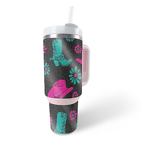 MightySkins Glossy Glitter Skin Compatible with Stanley The Quencher H2.0 FlowState 40 Oz Tumbler - Neon Cowgirl | Protective, Durable High-Gloss Glitter Finish | Easy to Apply