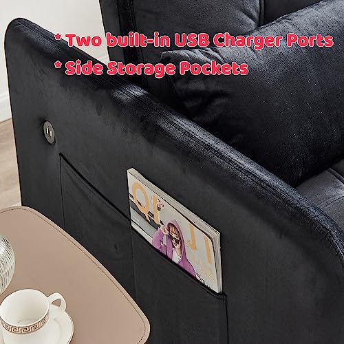 Sofa Couch w/Pull Out Sleeper Bed, 55.5” Black Velvet Upholstery Convertible Loveseat Twin Sofabed with Two Arm Pockets, 3-angle Adjustable Backrest Sofa, Build-in 2 USB Charger Ports for Living Room