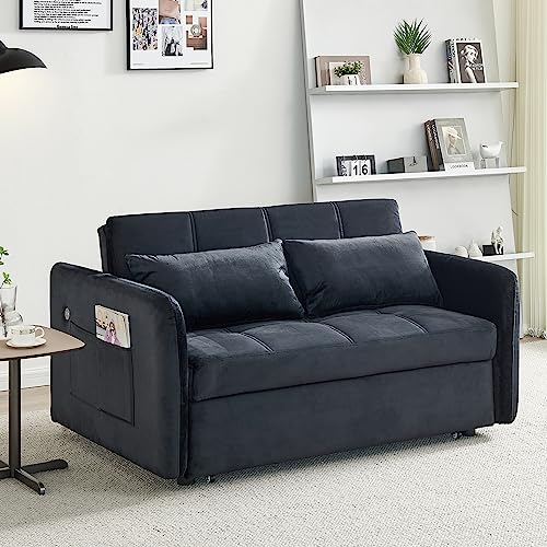 Sofa Couch w/Pull Out Sleeper Bed, 55.5” Black Velvet Upholstery Convertible Loveseat Twin Sofabed with Two Arm Pockets, 3-angle Adjustable Backrest Sofa, Build-in 2 USB Charger Ports for Living Room