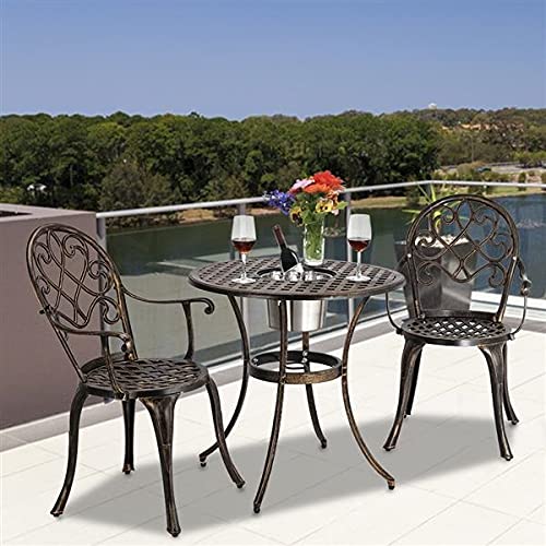 KUJYBG European Style Cast Aluminum Outdoor 3 Piece Patio Bistro Set of Table and Chairs with Ice Bucket Bronze Outdoor Furniture Set