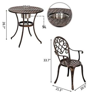 KUJYBG European Style Cast Aluminum Outdoor 3 Piece Patio Bistro Set of Table and Chairs with Ice Bucket Bronze Outdoor Furniture Set