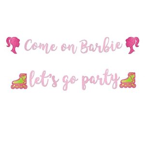 pink bachelorette party decorations - come on lets go party banner with roller blades and doll heads - pink party supplies for adults birthday and bachelorette party decorations