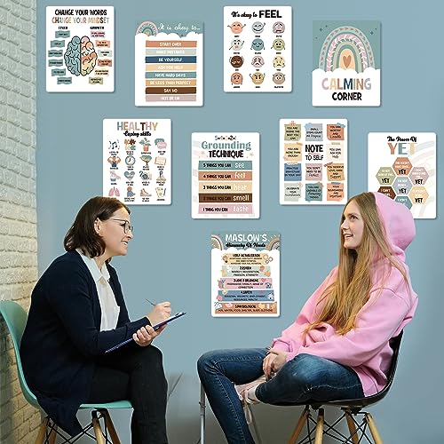 Pasimy 9 Pieces Mental Health Posters Rainbow Therapy Motivational Poster School Counselor Inspirational Posters Boho Positive Psychology Poster for Home School Counseling Office Classroom Decor