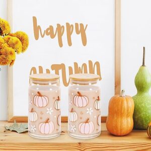 Whaline 2 Pack Fall Drinking Glasses 16oz Pumpkin Flower Star Glass Cup Pink White Pumpkin Iced Coffee Cup with Lid Straw Cleaning Brush for Autumn Thanksgiving Cocktail Whiskey Beer Soda Gifts