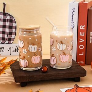 Whaline 2 Pack Fall Drinking Glasses 16oz Pumpkin Flower Star Glass Cup Pink White Pumpkin Iced Coffee Cup with Lid Straw Cleaning Brush for Autumn Thanksgiving Cocktail Whiskey Beer Soda Gifts