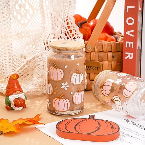 Whaline 2 Pack Fall Drinking Glasses 16oz Pumpkin Flower Star Glass Cup Pink White Pumpkin Iced Coffee Cup with Lid Straw Cleaning Brush for Autumn Thanksgiving Cocktail Whiskey Beer Soda Gifts