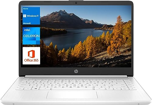 HP Portable Laptop, Student and Business, 14" HD Display, Intel Quad-Core N4120, 16GB DDR4 RAM, 64GB eMMC, 1 Year Office 365, Webcam, SD Card Reader, HDMI, Wi-Fi, Windows 11 Home, White, KKE Mousepad