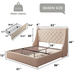 Feonase Queen Bed Frame with 4 Storage Drawers, Type-C & USB Port and Charging Station, Upholstered Wingback Headboard and Storage Shelf, No Box Spring Needed, Easy Assembly, Beige