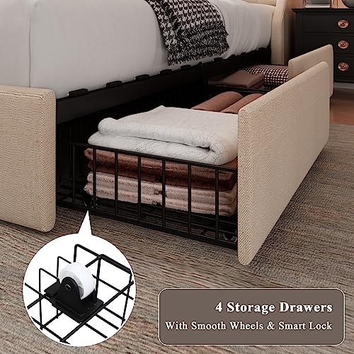 Feonase Queen Bed Frame with 4 Storage Drawers, Type-C & USB Port and Charging Station, Upholstered Wingback Headboard and Storage Shelf, No Box Spring Needed, Easy Assembly, Beige