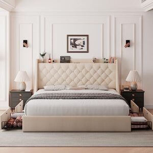 Feonase Queen Bed Frame with 4 Storage Drawers, Type-C & USB Port and Charging Station, Upholstered Wingback Headboard and Storage Shelf, No Box Spring Needed, Easy Assembly, Beige