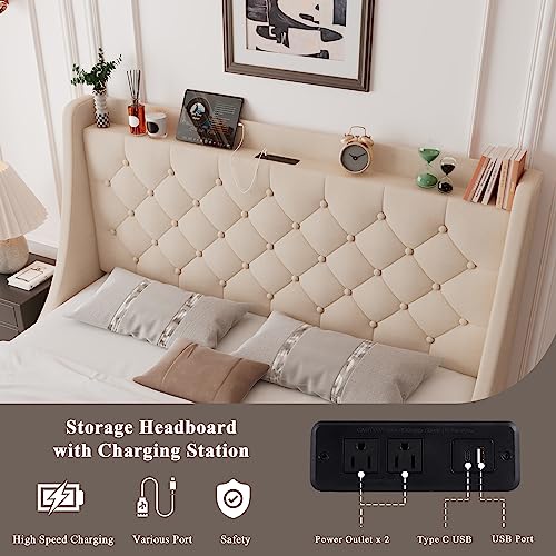 Feonase Queen Bed Frame with 4 Storage Drawers, Type-C & USB Port and Charging Station, Upholstered Wingback Headboard and Storage Shelf, No Box Spring Needed, Easy Assembly, Beige