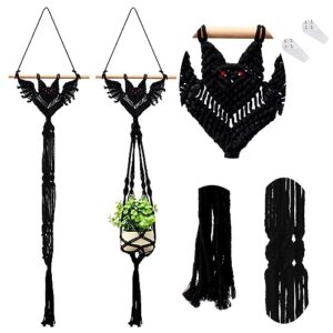 peryiter 2 pcs halloween bat macrame plant hanger black gothic hanging plant holder decorative witchy plant hanging basket hanging macrame plant holder for flower pot wall party home decor 39 x 12 in
