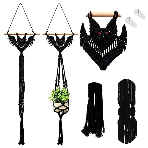 Peryiter 2 Pcs Halloween Bat Macrame Plant Hanger Black Gothic Hanging Plant Holder Decorative Witchy Plant Hanging Basket Hanging Macrame Plant Holder for Flower Pot Wall Party Home Decor 39 x 12 in