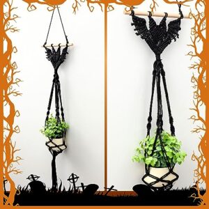 Peryiter 2 Pcs Halloween Bat Macrame Plant Hanger Black Gothic Hanging Plant Holder Decorative Witchy Plant Hanging Basket Hanging Macrame Plant Holder for Flower Pot Wall Party Home Decor 39 x 12 in