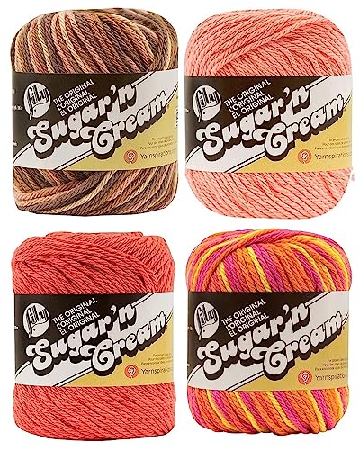 Bulk Buy Lily Sugar n' Cream 100% Cotton Yarn 4-Pack Medium #4 Worsted Weight (Desert Rising, Playtime, Tangerine, Tea Rose)